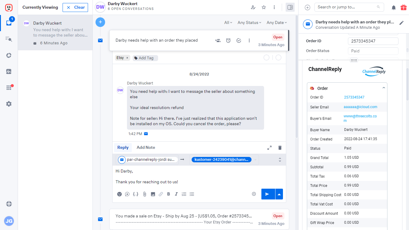 Screenshot of ChannelReply’s Kustomer-Etsy Integration