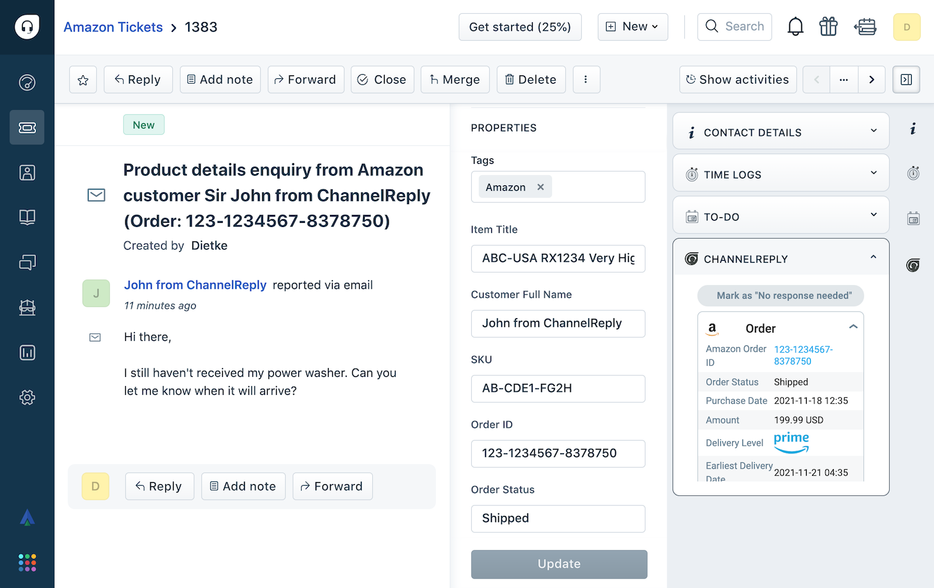 Screenshot of ChannelReply’s Freshdesk-Amazon Integration