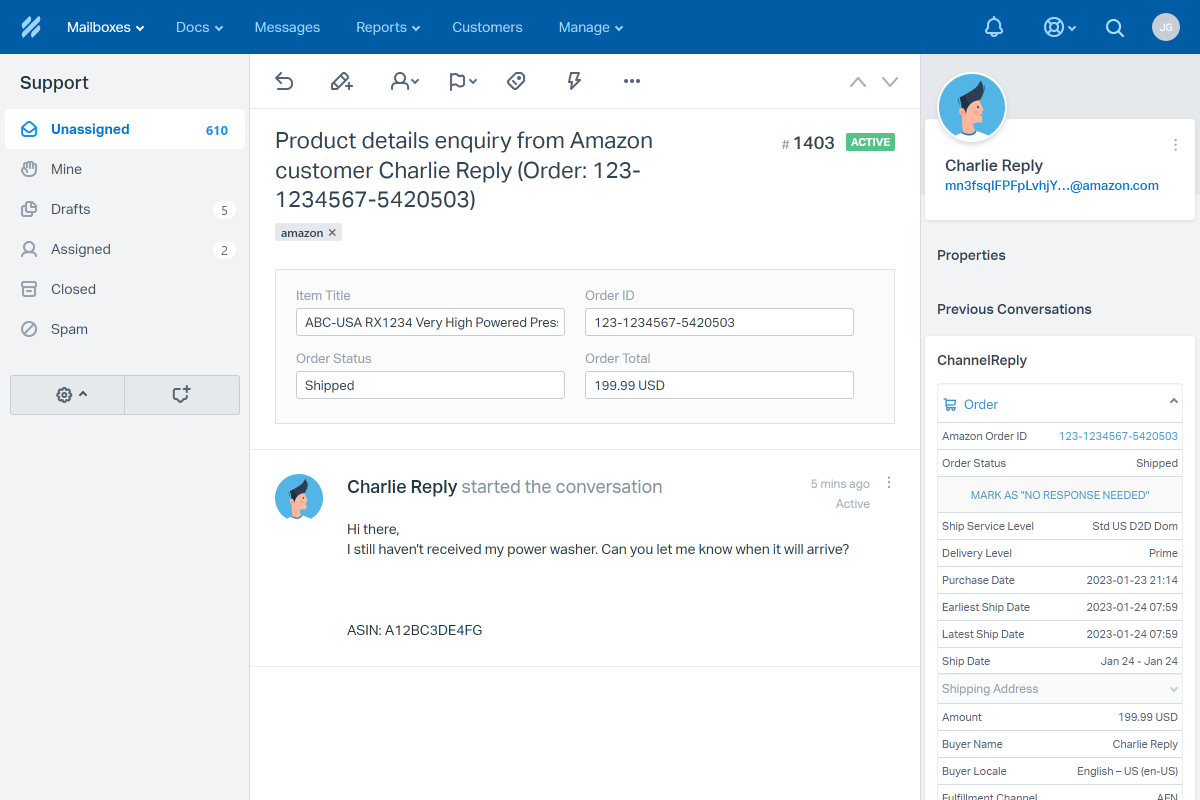 Amazon–Help Scout Integration Screenshot