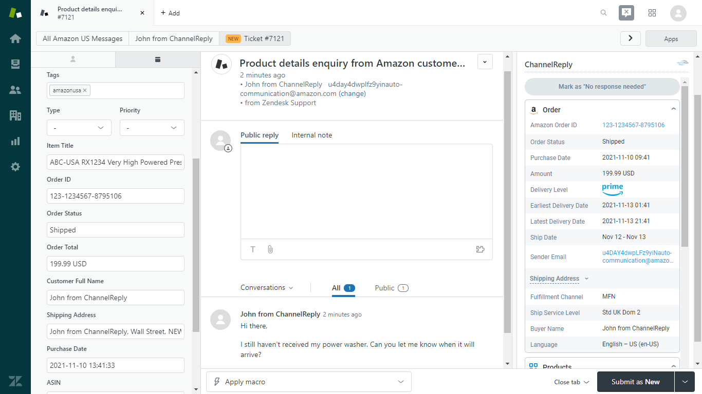 Zendesk-Amazon Integration Screenshot