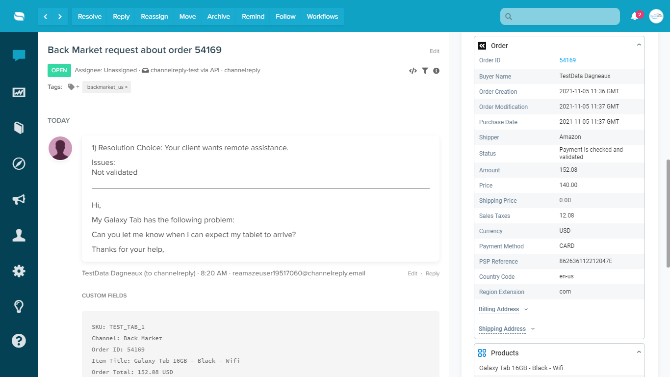 Screenshot of ChannelReply’s Re:amaze–Back Market Integration