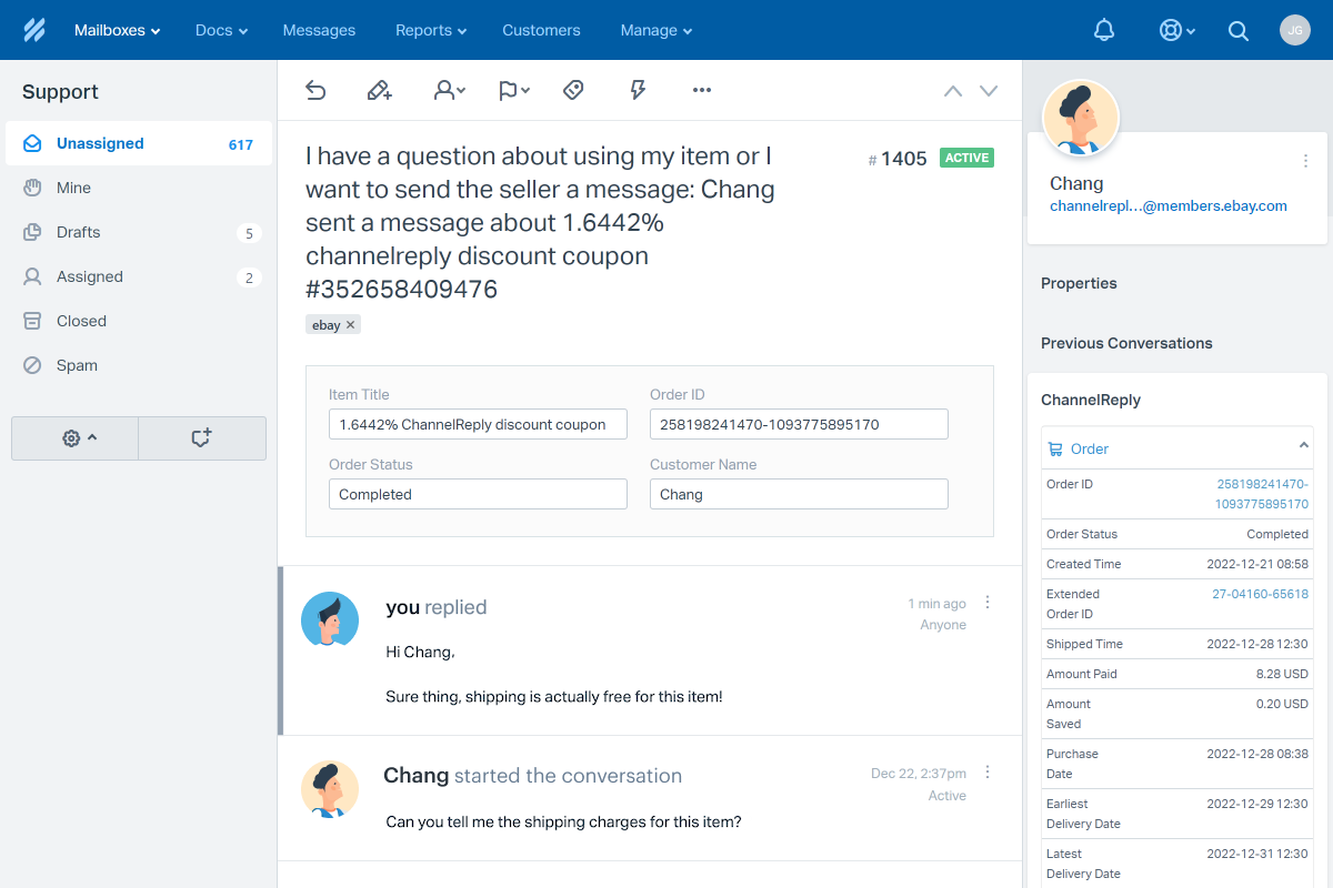 Screenshot of ChannelReply’s Help Scout–eBay Integration