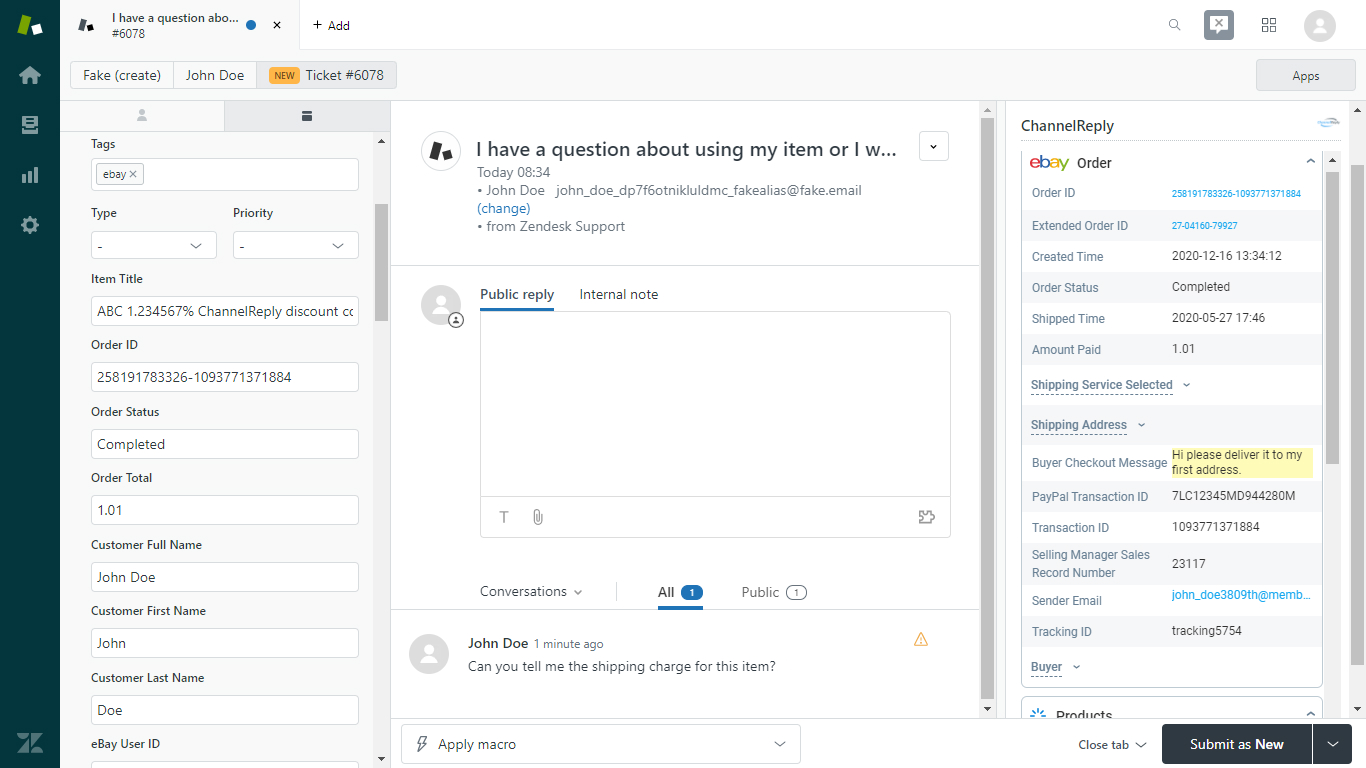 Screenshot of ChannelReply’s Zendesk-eBay Integration