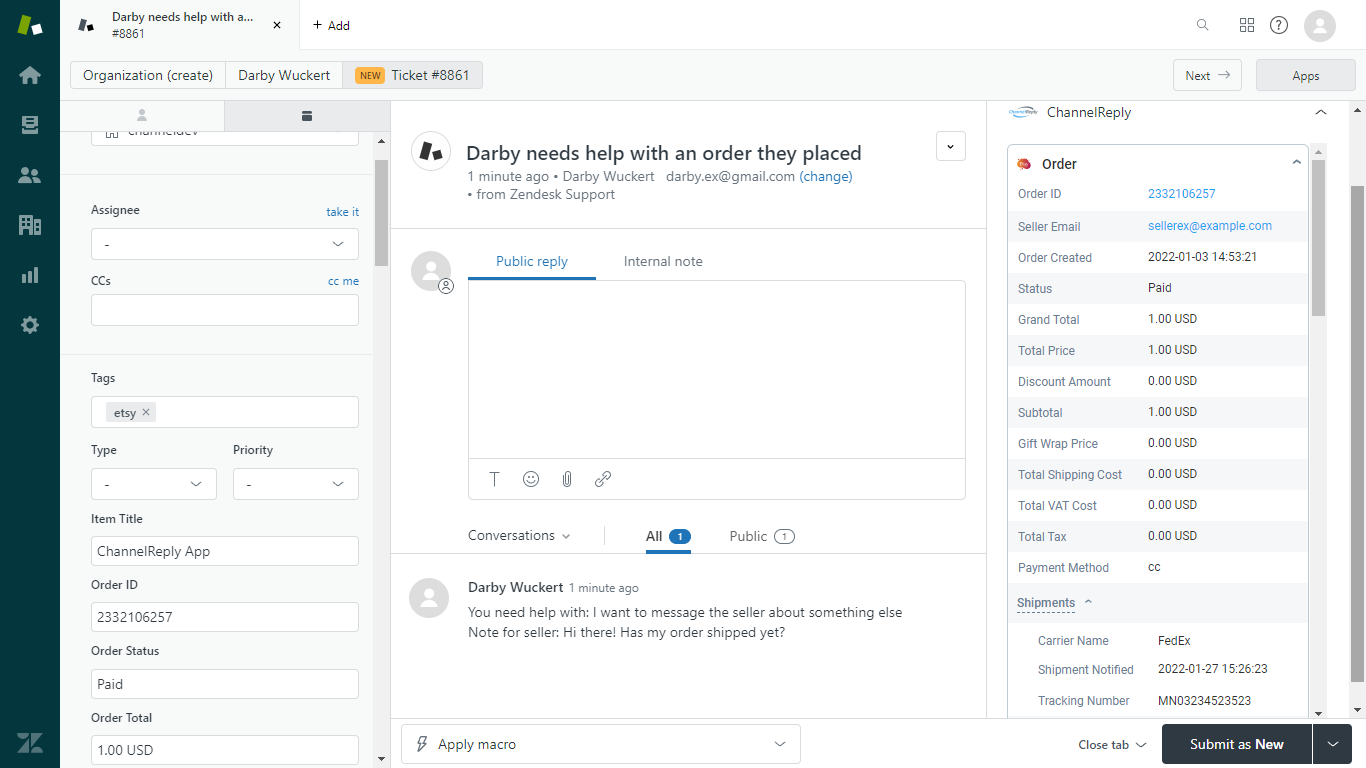 Zendesk-Etsy Integration Screenshot