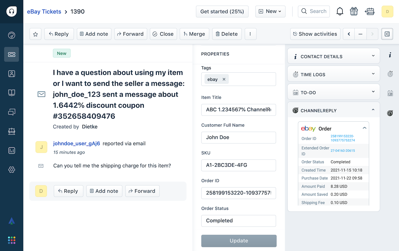 Screenshot of ChannelReply’s Freshdesk-eBay Integration