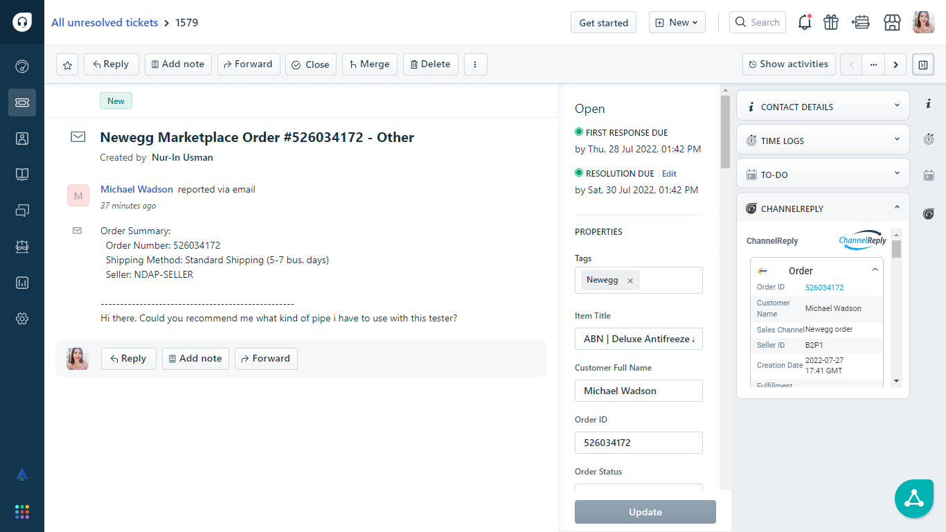 Screenshot of ChannelReply’s Freshdesk-Newegg Integration