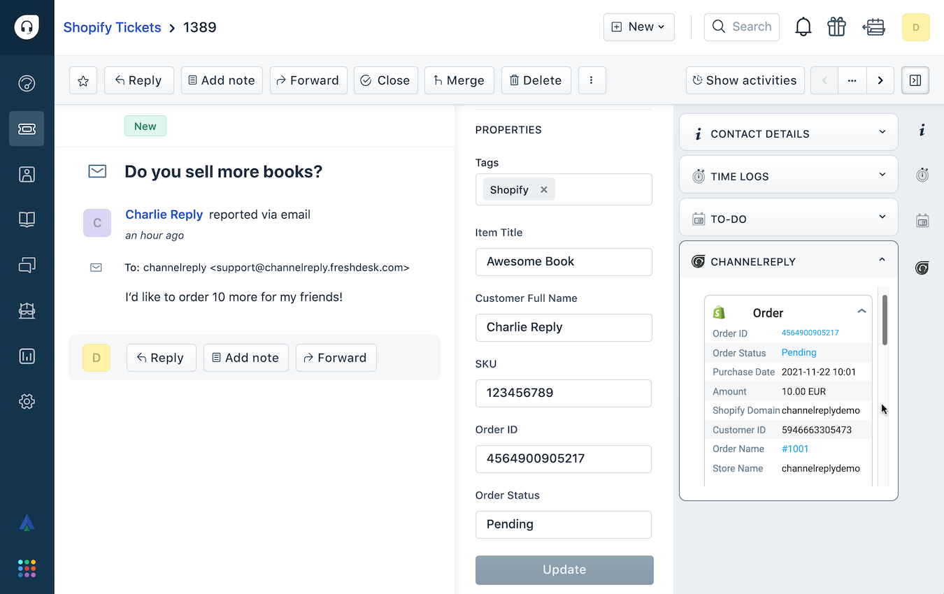 Screenshot of ChannelReply’s Freshdesk-Shopify Integration