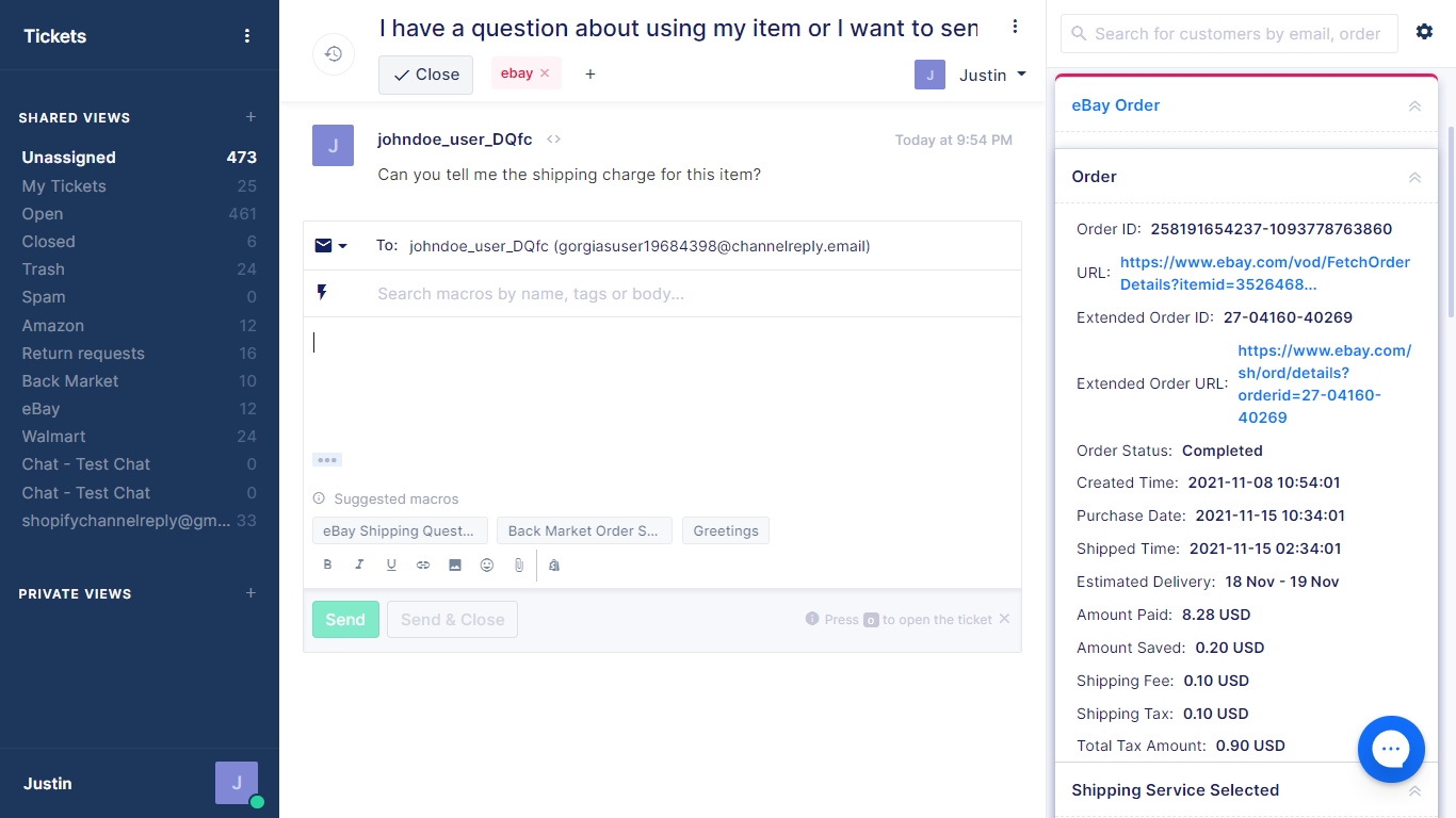 Screenshot of ChannelReply’s Gorgias-eBay Integration