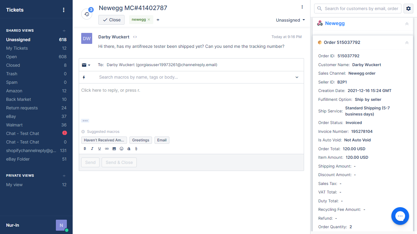 Screenshot of ChannelReply’s Newegg-Gorgias Integration