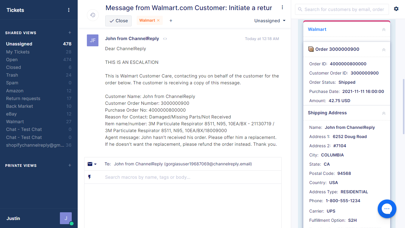 Walmart-Gorgias Integration Screenshot