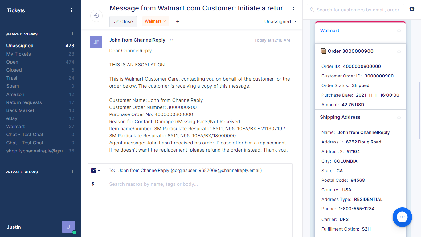 Screenshot of ChannelReply’s Gorgias-Walmart Integration