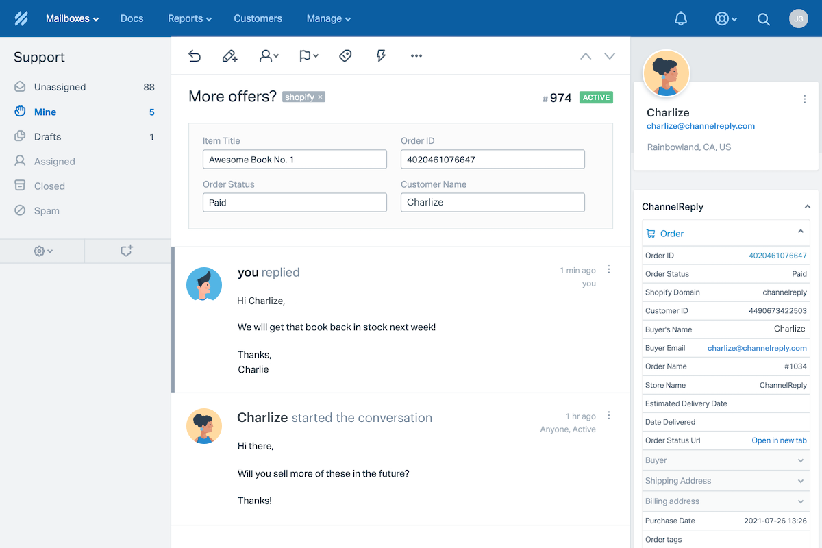 Screenshot of ChannelReply’s Help Scout–Shopify Integration