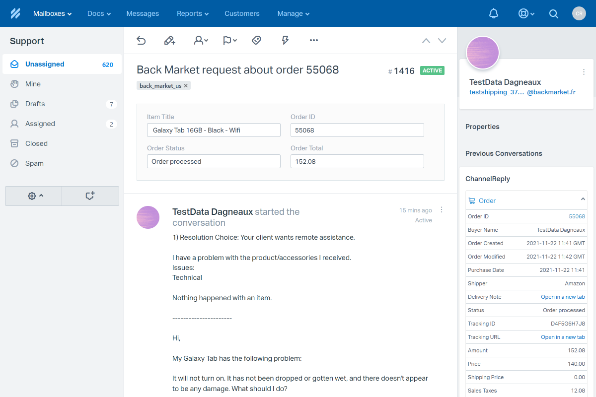 Screenshot of ChannelReply’s Back Market–Help Scout Integration