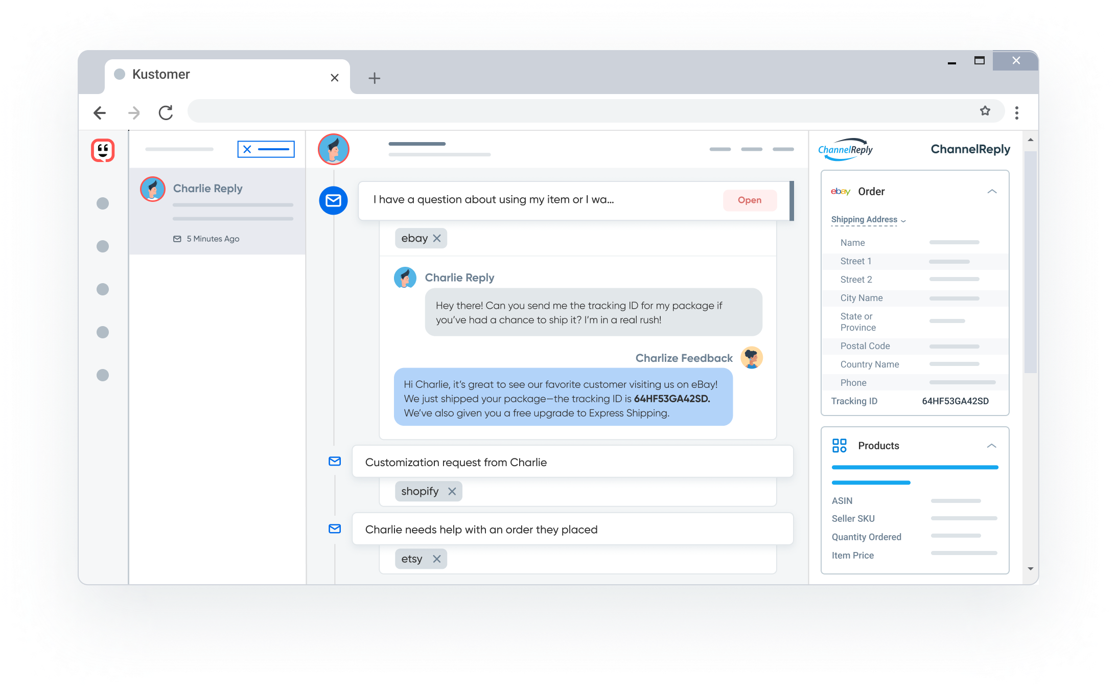 Illustration of eBay, Shopify and Etsy Conversations in a Single Kustomer Timeline