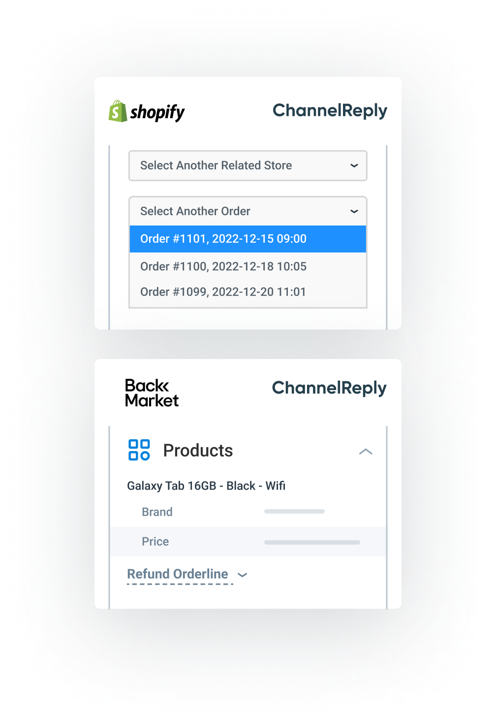 Illustrations of Selecting Another Shopify Order and Viewing Back Market Product Data with ChannelReply