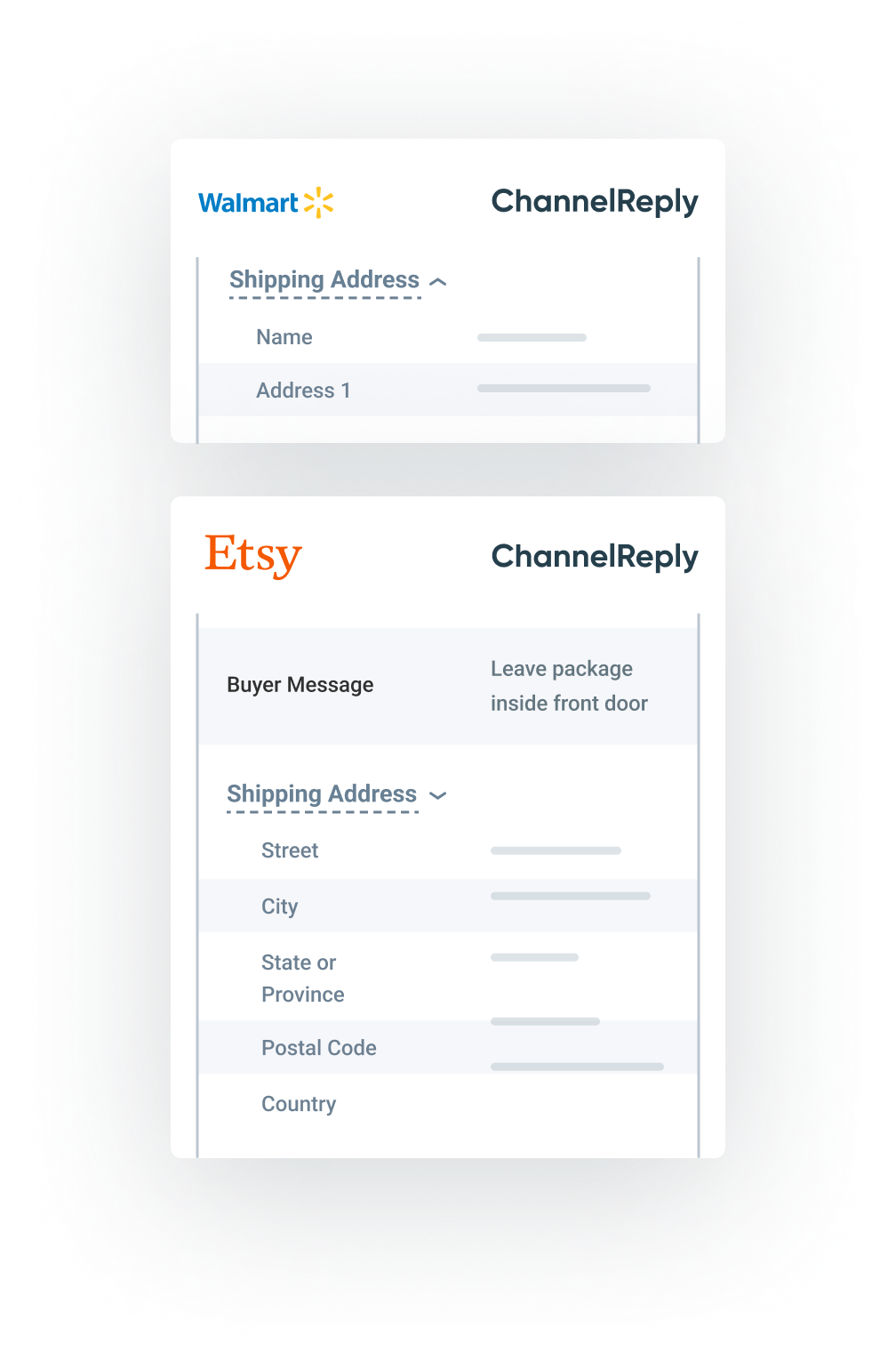 Illustration of Walmart and Etsy Shipping Addresses in ChannelReply