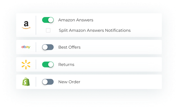 Examples of ChannelReply’s Amazon, eBay, Walmart, and Shopify Notification Settings