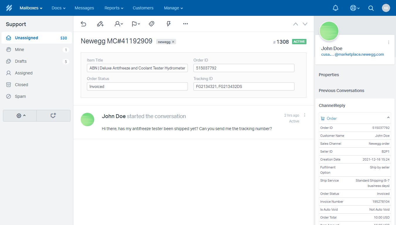 Newegg–Help Scout Integration Screenshot