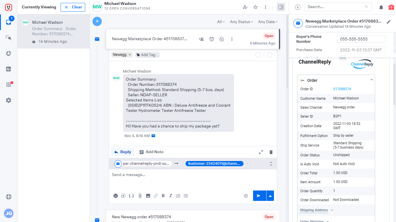 Screenshot of ChannelReply’s Newegg-Kustomer Integration