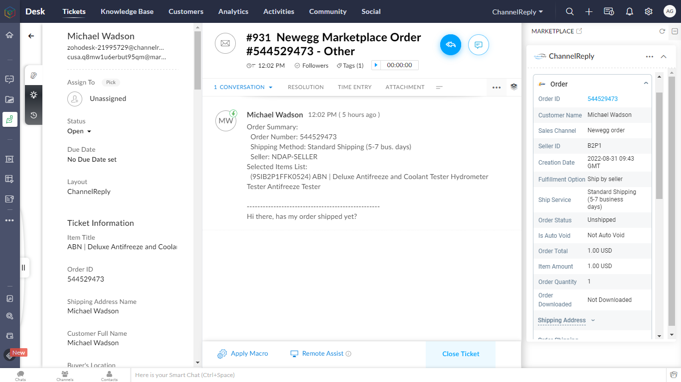 Screenshot of ChannelReply’s Zoho Desk–Newegg Integration