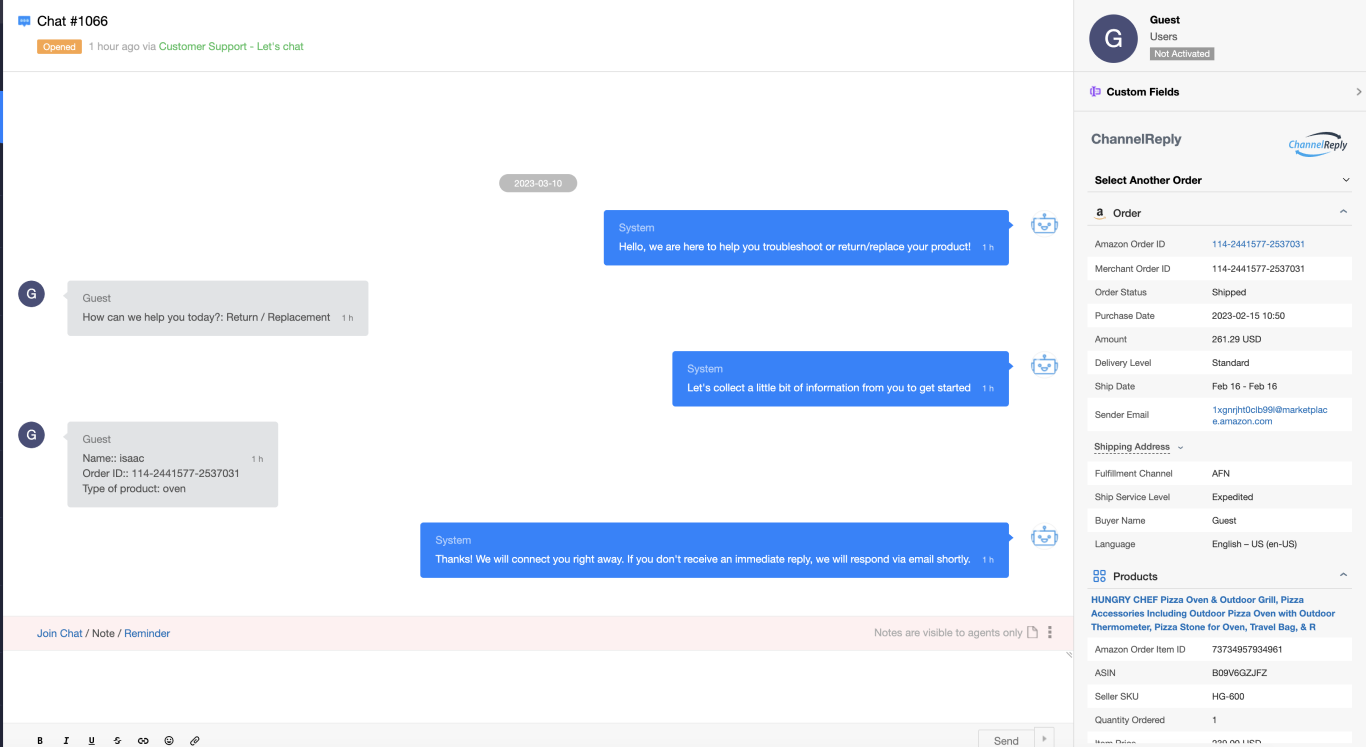 Screenshot of ChannelReply’s Amazon live chat integration with Onsite Support