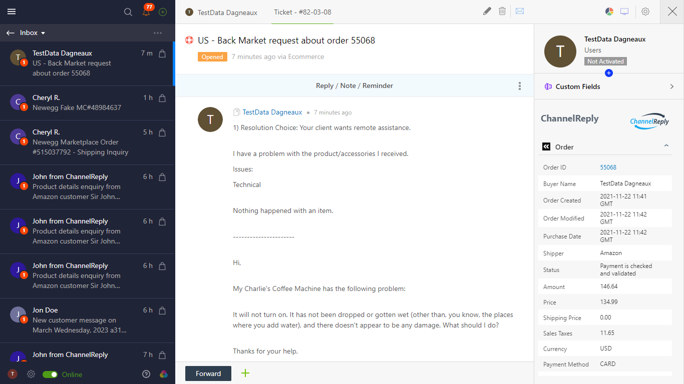 Screenshot of ChannelReply's Onsite Support–Back Market Integration