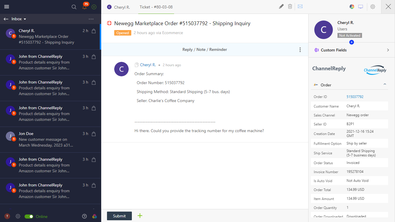 Screenshot of ChannelReply's Onsite Support–Newegg Integration