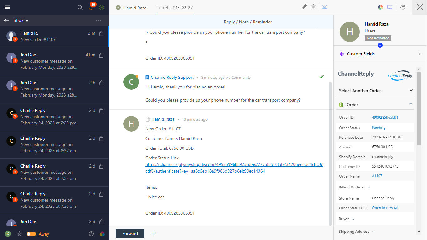 Screenshot of ChannelReply's Shopify–Onsite Support Integration