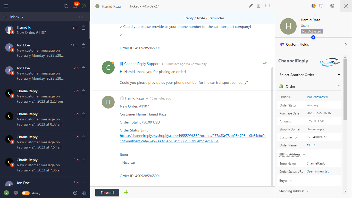 Shopify–Onsite Support integration screenshot