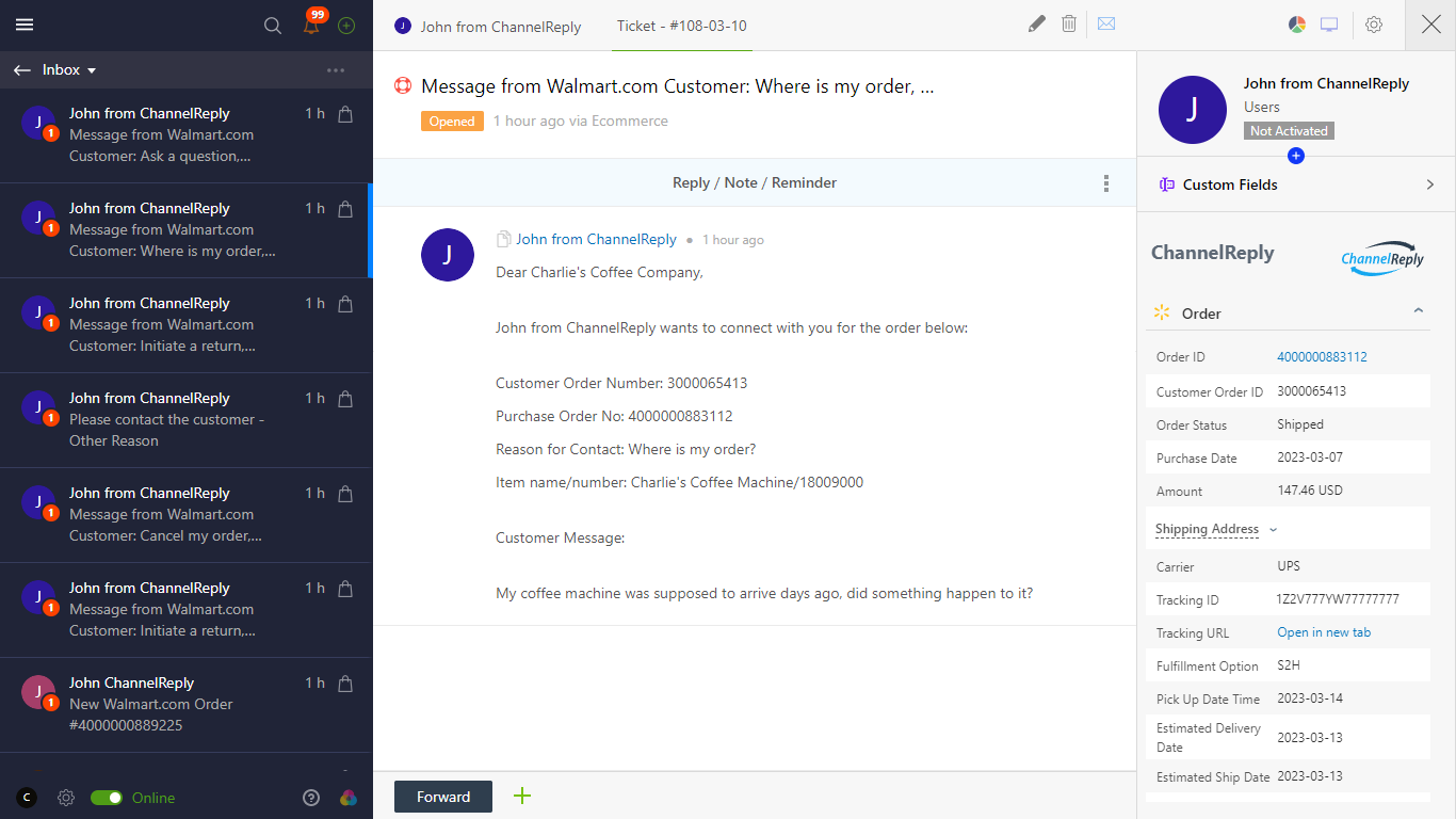 Screenshot of ChannelReply’s Walmart integration with Onsite Support
