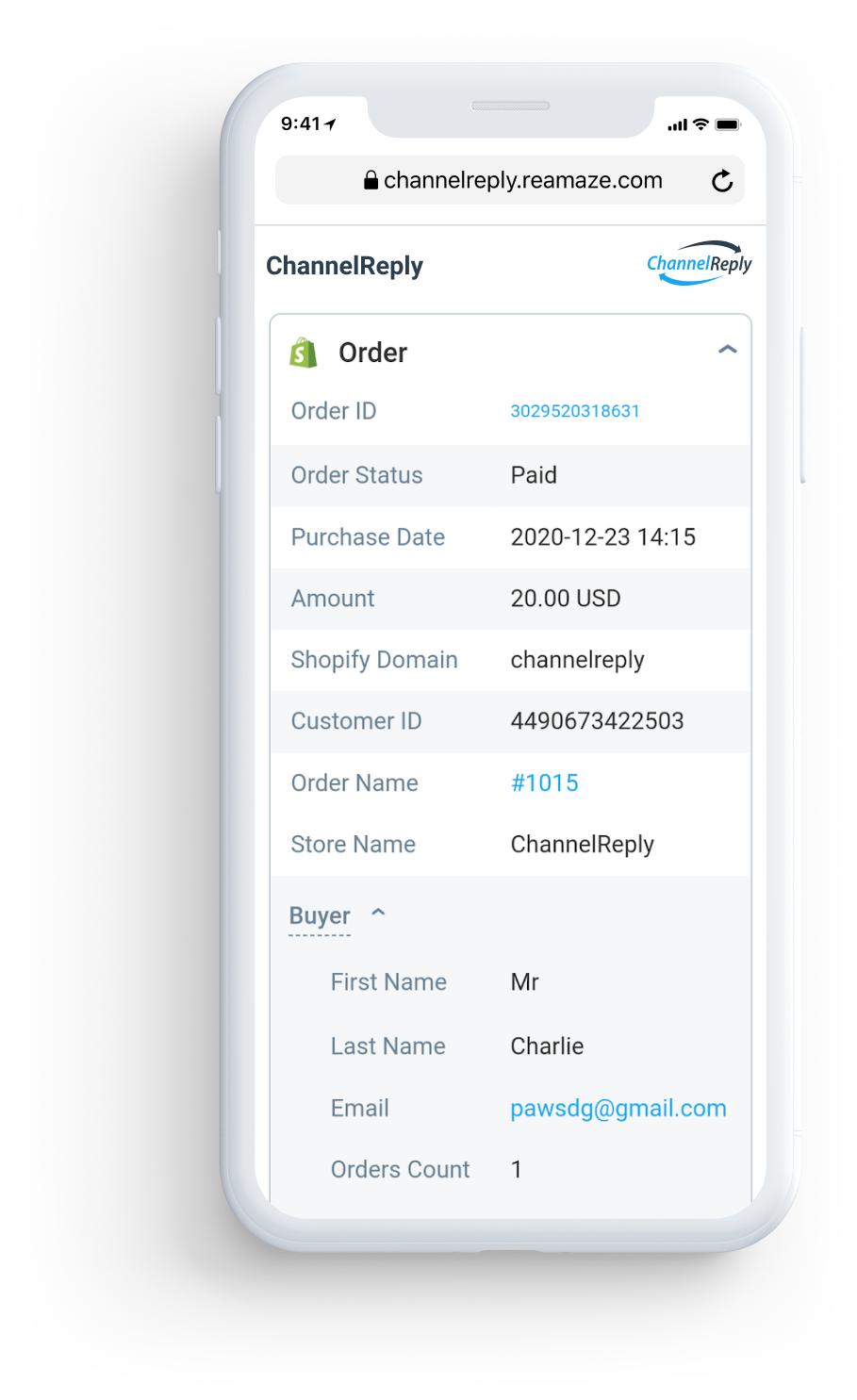 Illustration of Shopify Data in the Re:amaze Mobile App