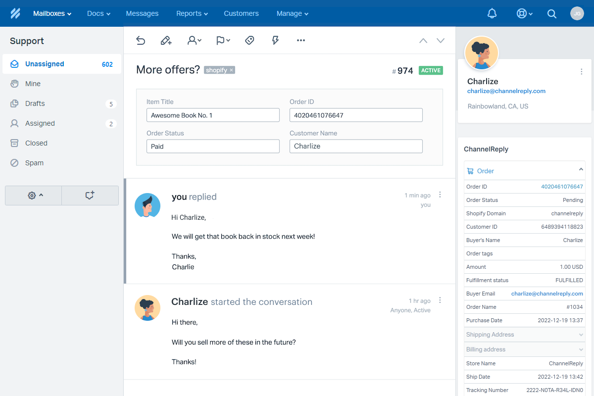 Screenshot of ChannelReply’s Shopify–Help Scout Integration