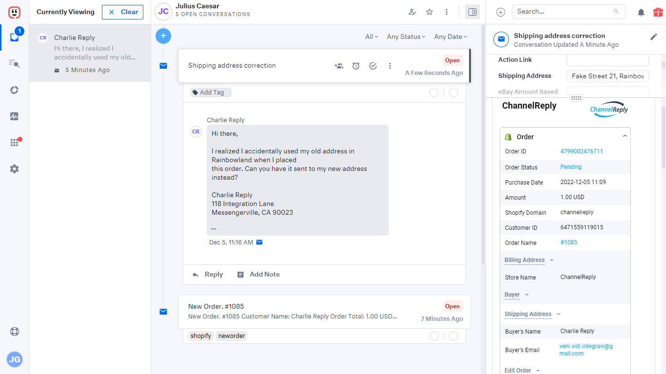 Screenshot of ChannelReply’s Shopify-Kustomer Integration