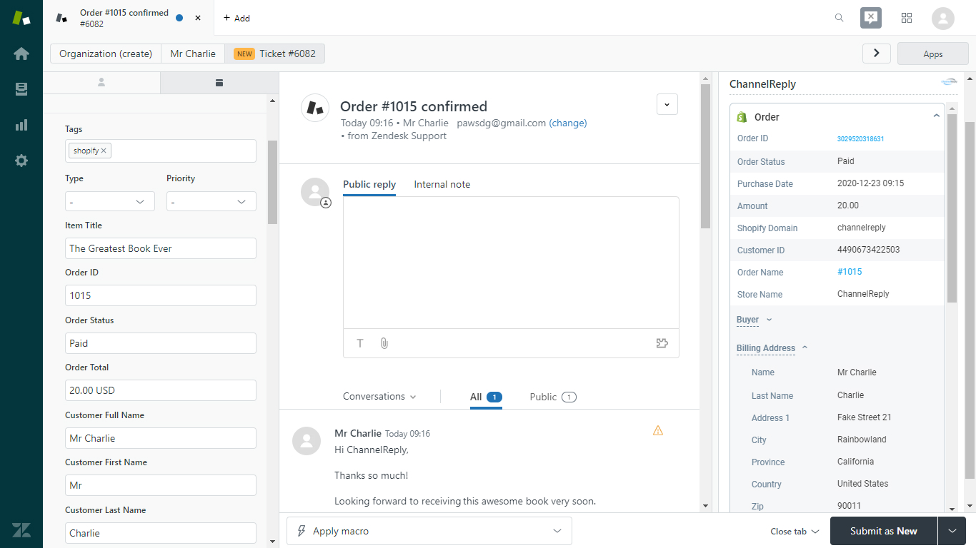 Screenshot of ChannelReply’s Shopify-Zendesk Integration