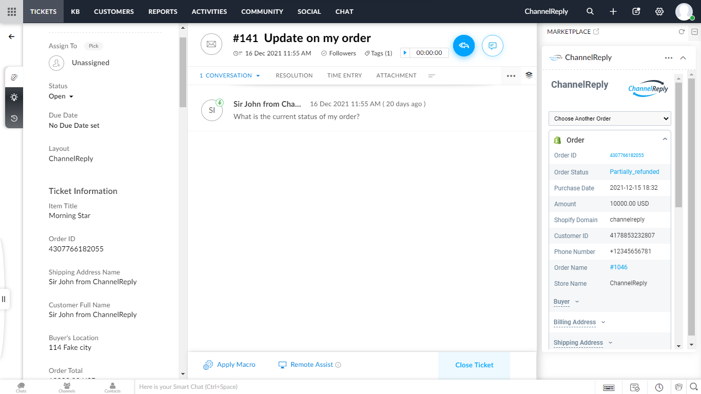 Screenshot of ChannelReply’s Shopify–Zoho Desk Integration