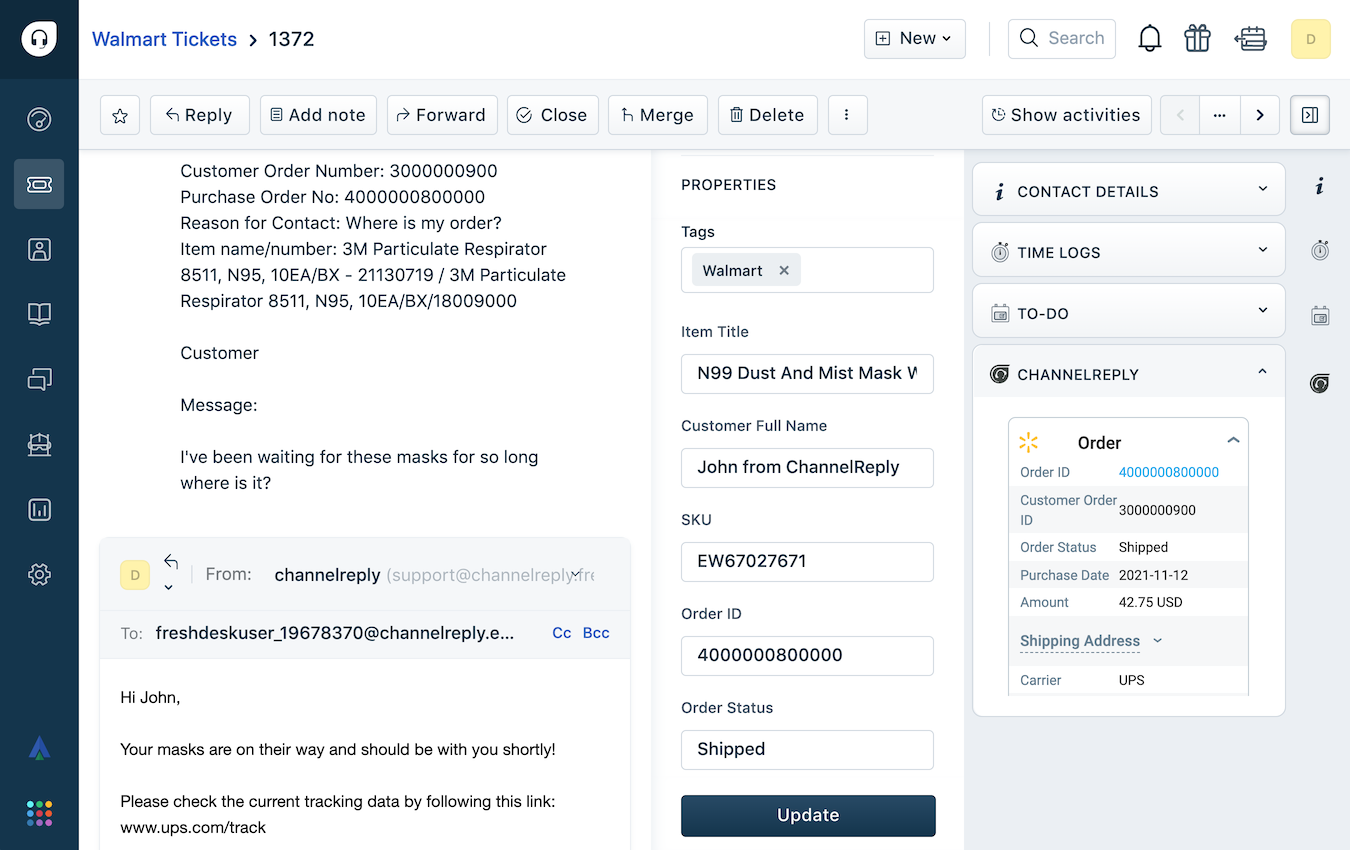 Screenshot of ChannelReply’s Walmart-Freshdesk Integration