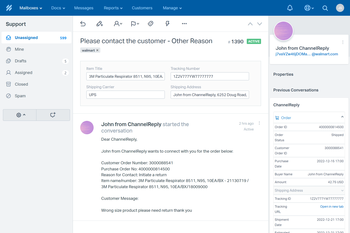 Walmart Message with ChannelReply Order Data and Custom Fields in Help Scout