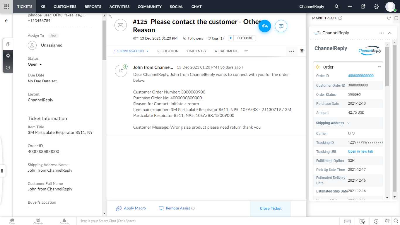 Screenshot of ChannelReply’s Zoho Desk–Walmart Integration