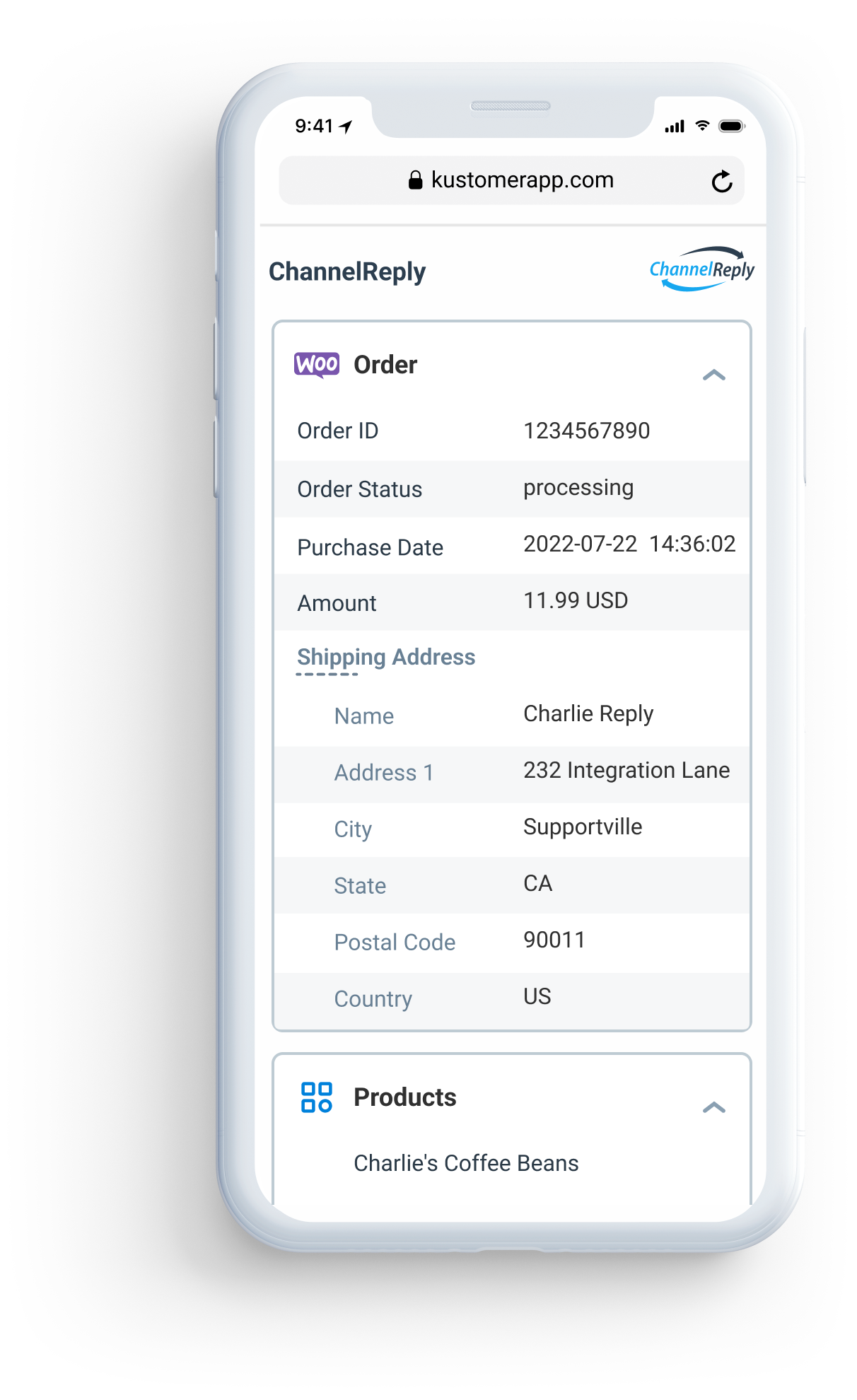 Illustration of WooCommerce order data in Kustomer’s mobile interface