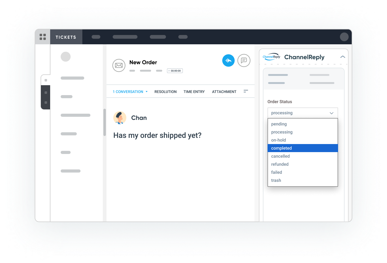 Illustration of updating the status of a WooCommerce order in Zoho Desk