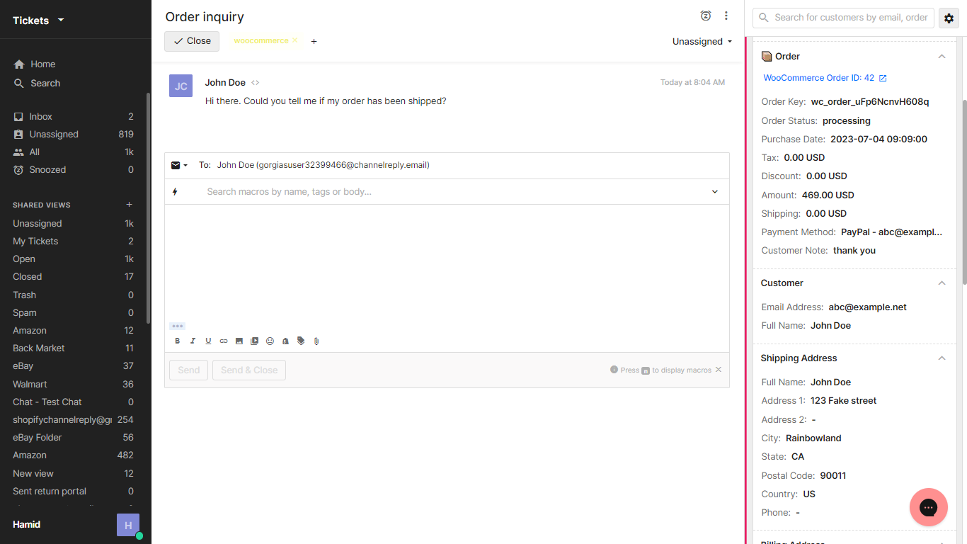 Screenshot of ChannelReply's WooCommerce-Gorgias integration