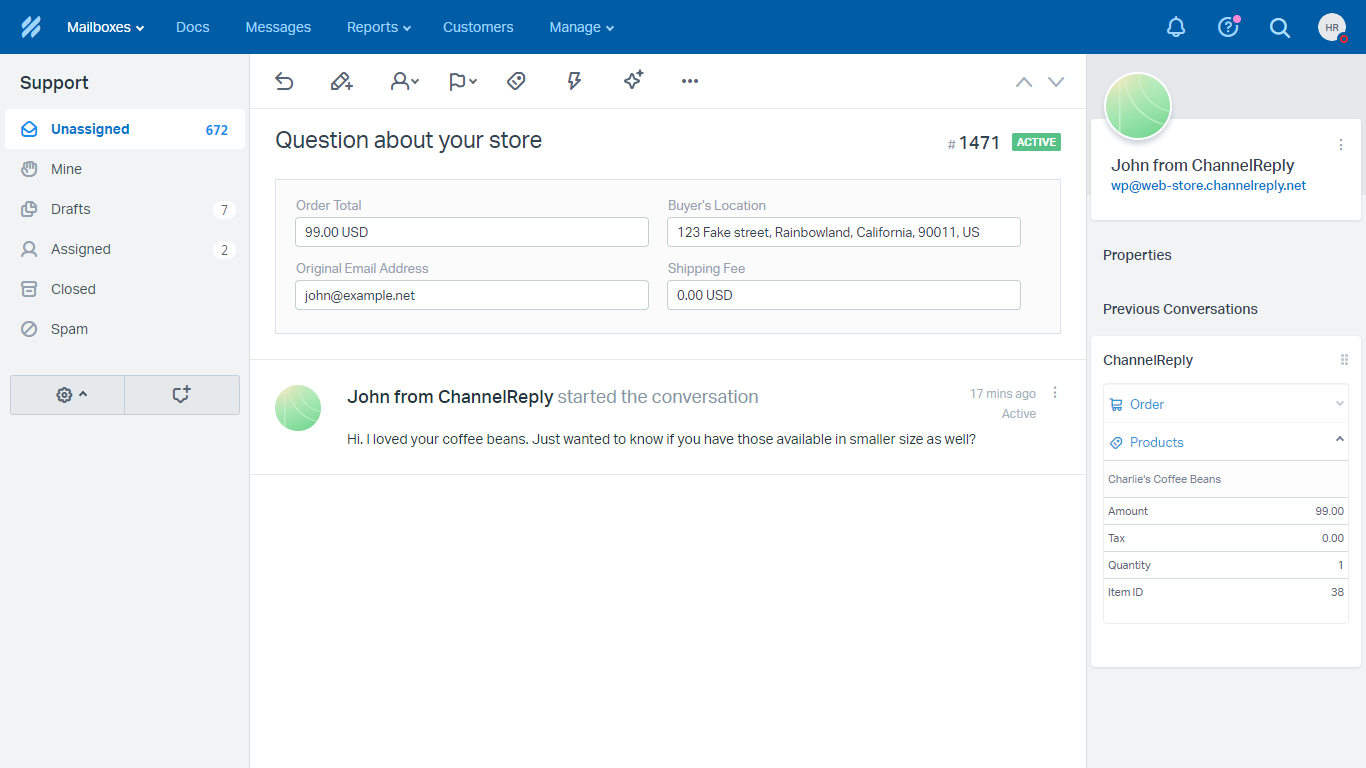 Screenshot of ChannelReply’s Help Scout–WooCommerce integration
