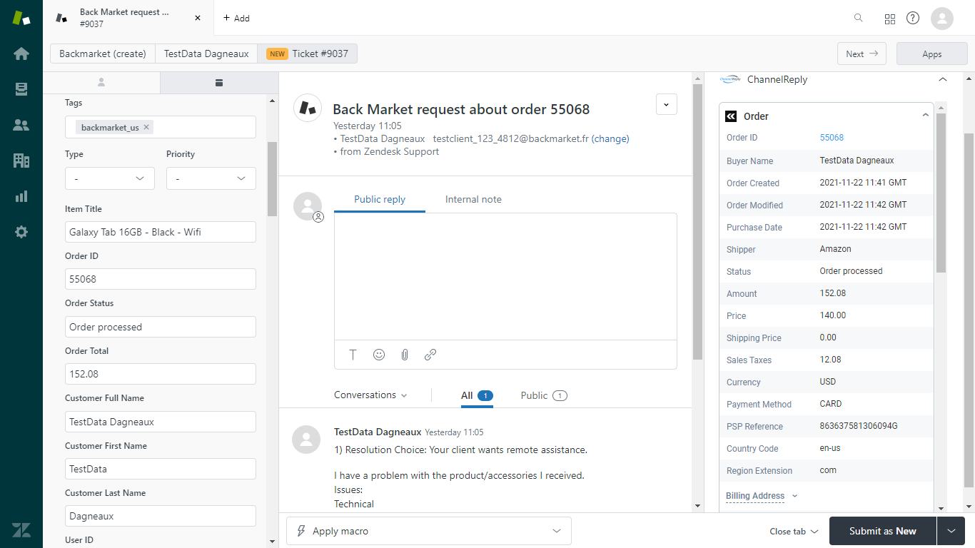 Screenshot of ChannelReply’s Zendesk–Back Market Integration