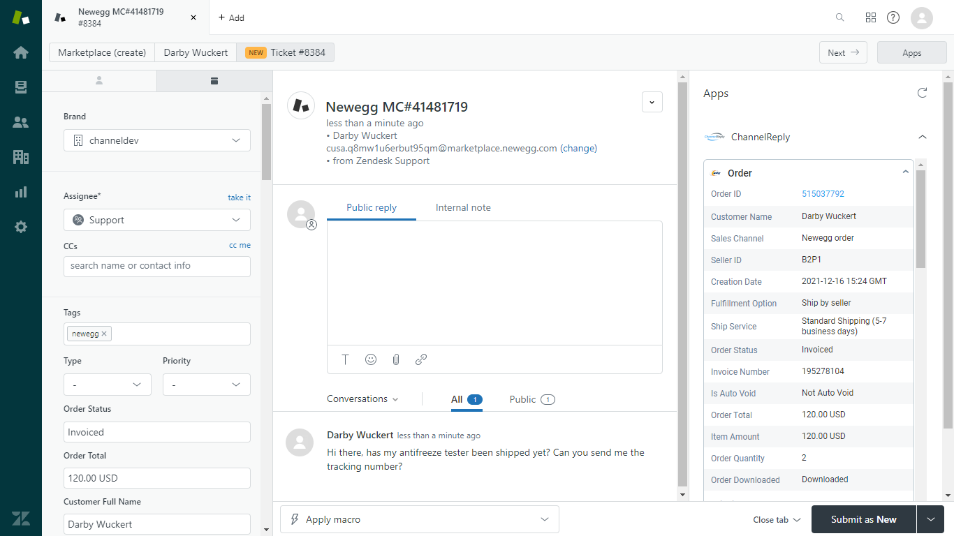 Newegg-Zendesk Integration Screenshot