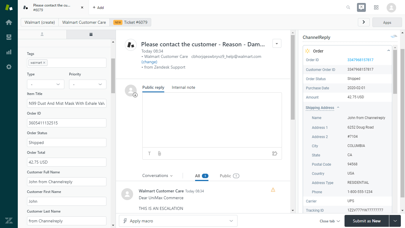 Zendesk-Walmart Integration Screenshot