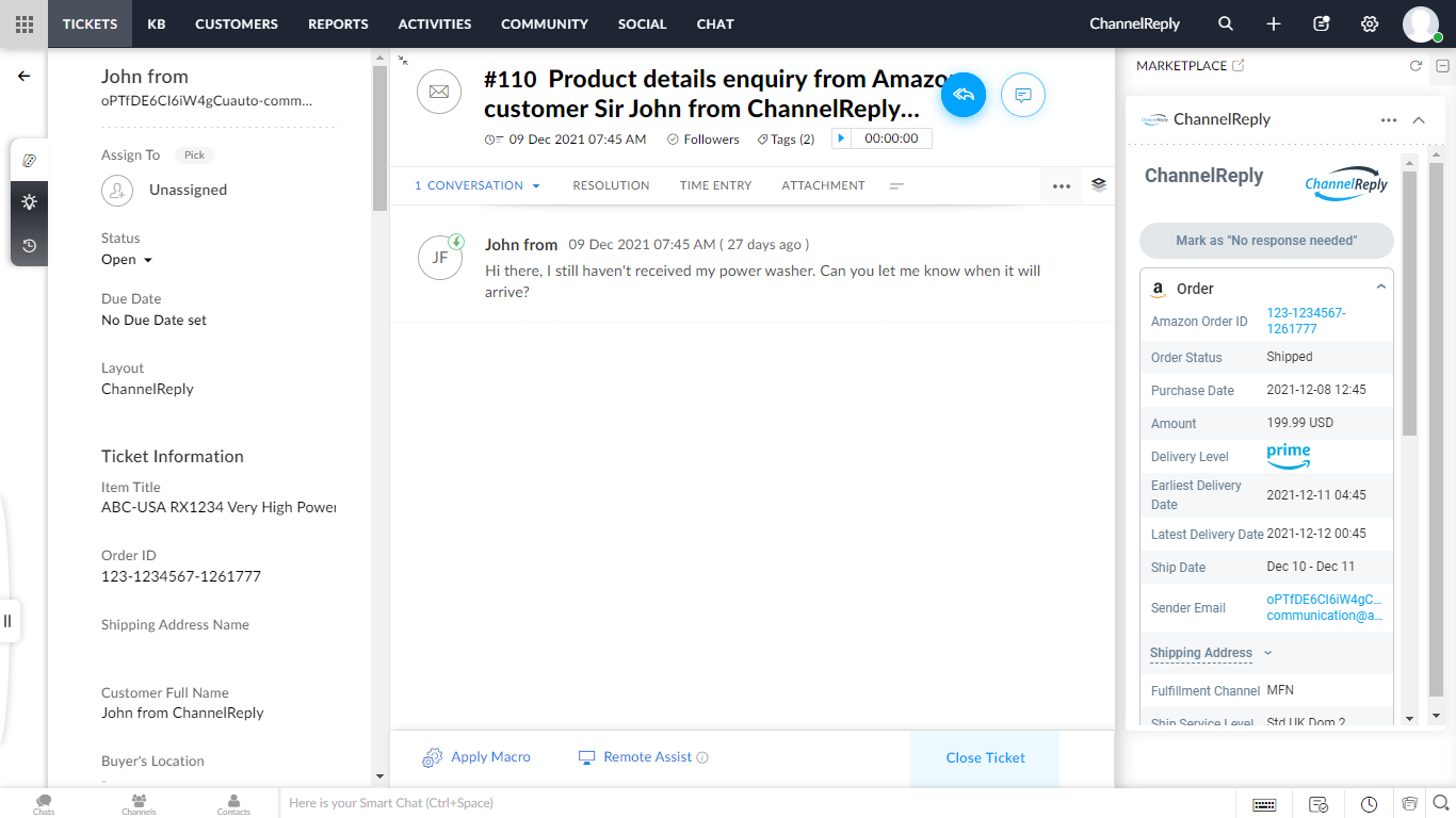 Screenshot of ChannelReply’s Zoho-Amazon Integration