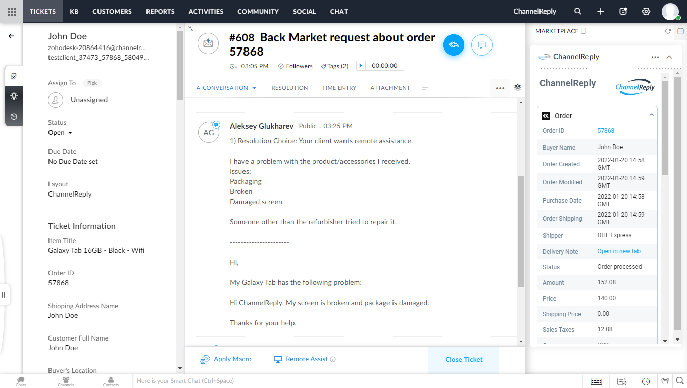 Screenshot of ChannelReply’s Zoho–Back Market Integration