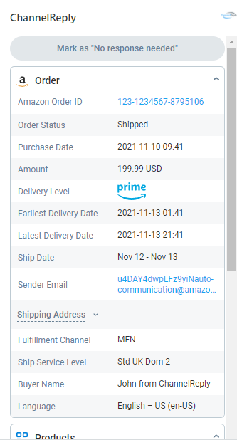 Amazon Order Information in the ChannelReply App for Zendesk