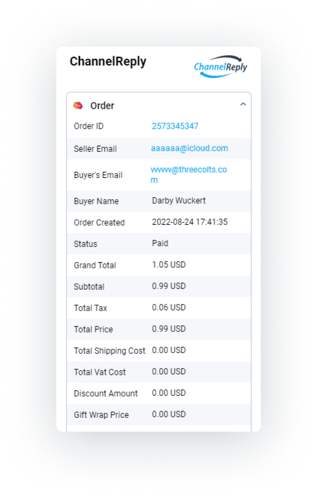 The ChannelReply App for Kustomer Displaying Etsy Order Details