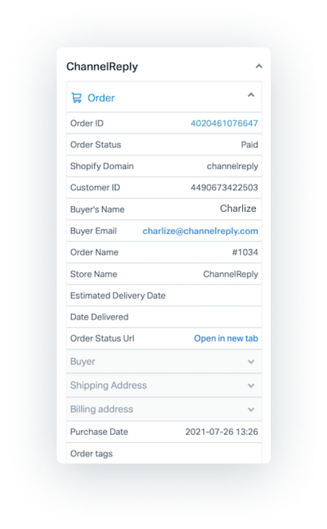 The ChannelReply App for Help Scout Displaying Shopify Order Information